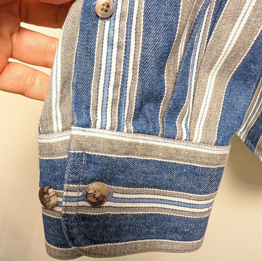 Fieldmaster Vintage Blue White and Tan Denim Striped Button Down Shirt Men's M - Picture 7 of 12